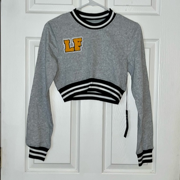 NWT LF the Brand Gray Yellow Varsity Patch Letter LF Cropped Sweatshirt Small - Picture 2 of 9